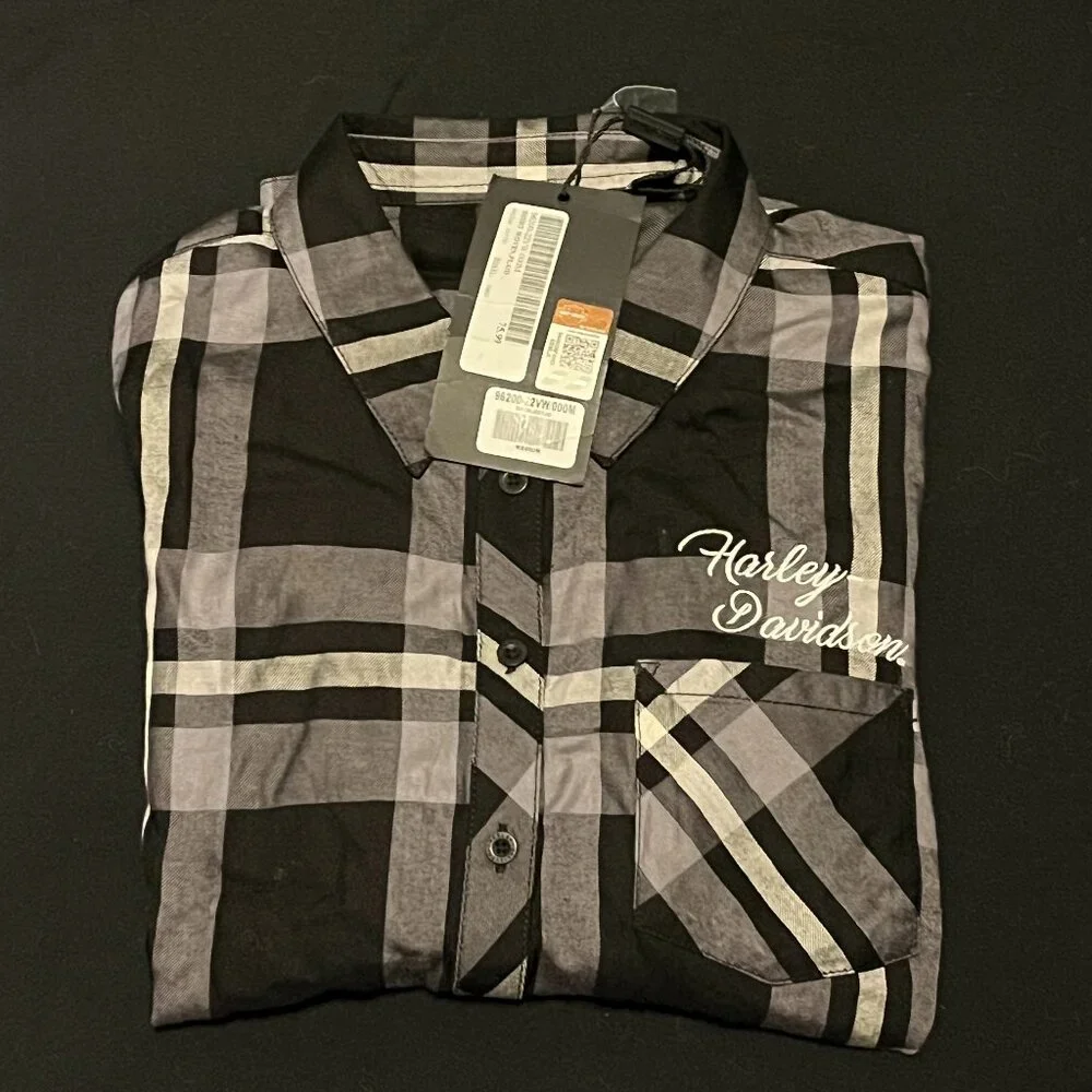 NEW Genuine Harley Davidson Women's Black & White Plaid Woven Shirt Size M - Picture 2 of 6